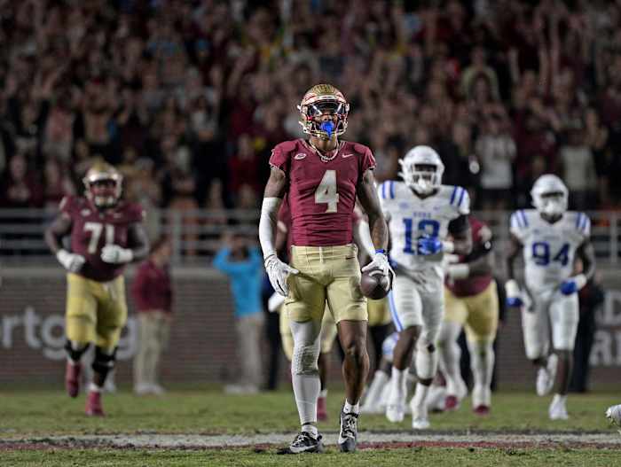 Oct 21, 2023; Tallahassee, Florida, USA; Florida State Seminoles wide receiver Keon Coleman (4) celebrates after a first down catch during the second half against the Duke Blue Devils at Doak S. Campbell Stadium. Mandatory Credit: Melina Myers-USA TODAY Sports